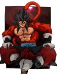  1boy absurdres biceps black_hair blue_sash body_fur boots dragon_ball dragon_ball_heroes earrings gigatan_d gloves hands_on_own_thighs highres jewelry long_hair looking_at_viewer male_focus monkey_boy monkey_tail muscular muscular_male no_nipples pants pectorals potara_earrings red_fur saiyan sash sitting smirk solo spiky_hair super_saiyan super_saiyan_4 tail time_patrol_(dragon_ball) vegetto vegetto_(xeno) 