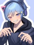  1boy absurdres blue_background blue_hair blue_hoodie clenched_teeth commentary_request eru21nyo heterochromia highres hood hoodie long_sleeves looking_at_viewer male_focus outline pink_eyes real_life short_hair simple_background solo sparkle teeth tsukuno_tsuki upper_body violet_eyes white_outline 