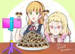  2girls blonde_hair blunt_bangs cellphone closed_mouth collared_shirt dress flower food gradient_hair green_eyes grey_dress hair_flower hair_ornament hairband heanna_sumire holding holding_food long_hair looking_at_phone love_live! love_live!_superstar!! multicolored_hair multiple_girls neck_ribbon onitsuka_natsumi open_mouth orange_hairband peke_(xoxopeke) phone pink_hair red_eyes red_ribbon ribbon school_uniform shirt short_sleeves signature smartphone summer_uniform sweat takoyaki triangle_mouth tripod twitter_username upper_body v-shaped_eyebrows wavy_hair wavy_mouth white_shirt yuigaoka_school_uniform 