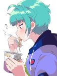  1girl ahoge blue_hair blunt_bangs blush commentary_request cup drawstring eating food_in_mouth fork from_side hands_up highres holding holding_cup holding_fork hood hood_down hoodie looking_down messy_hair omega_auru pink_eyes pretty_series profile purple_hoodie ramen short_hair simple_background solo sweatdrop translation_request tsujii_ruki upper_body waccha_primagi! white_background 