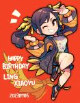  1girl ankle_ribbon black_coat black_hair brown_eyes clenched_hand coat dated full_body grin happy_birthday highres kotorai leg_ribbon ling_xiaoyu looking_at_viewer one_eye_closed orange_background orange_bracelet ribbon shirt signature smile solo tekken twintails v white_shirt yellow_ribbon 