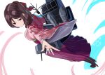  1girl boots brown_hair drill_hair dutch_angle from_above gegeron harukaze_(kancolle) high_heel_boots high_heels highres japanese_clothes kantai_collection machinery red_eyes solo wide_sleeves 