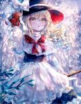  1girl apron black_headwear black_skirt black_vest blonde_hair blush bow capelet gloves hat hat_bow highres kirisame_marisa long_hair long_sleeves open_mouth red_gloves skirt solo suzushina touhou vest waist_apron white_apron white_bow white_capelet witch_hat yellow_eyes 