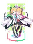  2girls ;d absurdres animal_ear_headphones animal_ears black_shorts black_skirt black_thighhighs blue_archive blue_necktie blunt_bangs cat_ear_headphones cat_tail cheek-to-cheek coat collared_shirt fake_animal_ears green_eyes hair_ribbon halo headphones heads_together highres holding_hands long_sleeves looking_at_viewer midori_(blue_archive) momoi_(blue_archive) multiple_girls necktie one_eye_closed open_clothes open_coat outstretched_arms parted_bangs pleated_skirt red_eyes ribbon school_uniform shirt short_hair short_shorts shorts siblings sidelocks simple_background sisters skirt smile spread_arms suspender_skirt suspenders tail thigh-highs tress_ribbon twins white_coat white_shirt wide_sleeves you_guo_chaocai zettai_ryouiki 