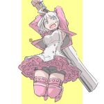  1girl black_shorts blue_eyes collar d_sugama dress elphelt_valentine guilty_gear guilty_gear_strive gun highres holding holding_gun holding_weapon jumping looking_at_viewer pink_sweater short_hair shorts spiked_collar spikes sweater weapon white_dress white_hair yellow_background 