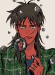  2boys absurdres ball black_hair black_shirt crying crying_with_eyes_open green_shirt grey_background highres holding holding_ball ichijou_seiya itou_kaiji kaiji long_hair looking_at_viewer male_focus medium_bangs mimulishizi multiple_boys open_mouth pachinko_ball red_shirt reflection sanpaku scar scar_on_cheek scar_on_face scar_on_hand shirt short_sleeves simple_background smile solo_focus tears undershirt upper_body 