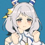  1girl blue_background blush brown_eyes clenched_hands ear_covers grey_hair hishi_miracle_(umamusume) horse_girl looking_at_viewer medium_hair nenbutsu_0416 pout simple_background solo swept_bangs teeth umamusume upper_body 