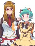  2girls ahoge akai_meganee animal_ears arms_at_sides black_shirt blue_hair blunt_bangs blush bow breasts brown_bow brown_hair calico_print cat_ears cat_tail closed_mouth collar collared_shirt commentary_request dalmatian_print dog_ears dress expressionless glasses hand_up highres jacket long_hair long_sleeves looking_at_viewer medium_breasts multiple_girls necktie omega_auru paw_pose pretty_series red-framed_eyewear red_collar red_eyes red_necktie shirt short_hair simple_background skirt smile tail tsujii_ruki waccha_primagi! white_background white_jacket white_skirt yellow_dress 