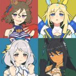  4girls :d ahoge animal_ears arms_up bare_shoulders blonde_hair blue_background blue_eyes blue_hair blush breasts brown_eyes brown_hair clenched_hands colored_inner_hair ear_covers gloves grey_hair hair_between_eyes hand_on_own_chest hishi_miracle_(umamusume) horse_ears horse_girl jacket large_breasts long_hair long_sleeves looking_at_viewer looking_up medium_hair multicolored_hair multiple_girls nenbutsu_0416 neo_universe_(umamusume) pout red_background red_gloves redhead short_hair simple_background smile swept_bangs symboli_kris_s_(umamusume) tap_dance_city_(umamusume) teeth umamusume upper_body violet_eyes white_jacket yellow_background 