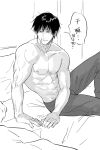  1boy abs amk_(amkgkd) bed feet_out_of_frame fushiguro_touji greyscale highres jujutsu_kaisen male_focus monochrome muscular muscular_male pants pectorals scar scar_on_face scar_on_mouth short_hair sitting solo speech_bubble 
