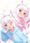  2girls ahoge animal_ear_fluff animal_ears blue_eyes blue_hoodie blush cat_ears cat_girl cat_tail collarbone commentary_request drawstring fang hair_ornament hairclip hood hood_down hoodie long_hair long_sleeves looking_at_viewer matchanear multiple_girls one_eye_closed open_mouth original paw_pose pink_hoodie puffy_long_sleeves puffy_sleeves red_eyes short_hair skin_fang sleeves_past_wrists tail twintails 