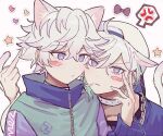  2boys anger_vein animal_ears blush brothers cat_boy cat_ears cat_tail choker cozmez_(paradox_live) earrings extra_ears green_hair grey_background heart jewelry male_focus medium_hair middle_finger multicolored_hair multiple_boys paradox_live phantometal_(paradox_live) purple_hair short_hair siblings spoken_anger_vein star_(symbol) tail twins violet_eyes white_choker white_hair wosurosu yatonokami_kanata yatonokami_nayuta 