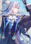 1boy arm_up ascot asymmetrical_bangs black_gloves blue_coat blue_gemstone blue_hair blue_sky blurry blurry_background brooch building buttons clouds coat commentary_request day floating_hair frilled_sleeves frills gem genshin_impact gloves gold_trim hair_between_eyes hair_ornament highres jewelry lapels long_hair long_sleeves looking_to_the_side low-tied_long_hair male_focus multicolored_hair neuvillette_(genshin_impact) outdoors pamu_(pamu_oekk) parted_bangs parted_lips sky sleeve_cuffs solo streaked_hair very_long_hair violet_eyes white_ascot white_hair 