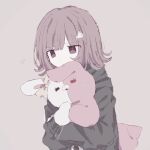  1girl animal_bag black_jacket blunt_bangs bow brown_hair cat_bag danganronpa_(series) danganronpa_2:_goodbye_despair ear_bow flipped_hair grey_background hair_ornament heterochromia highres hugging_doll hugging_object jacket medium_hair monomi_(danganronpa) nanami_chiaki pink_bag pink_eyes shiro_(luv03i) simple_background solo upper_body 