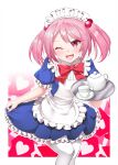  1girl alternate_costume apron blue_dress bow bowtie cup dress enmaided fang frilled_apron frills hair_bobbles hair_ornament highres kantai_collection kirigakure_(kirigakure_tantei_jimusho) maid maid_headdress pink_eyes pink_hair red_bow red_bowtie sazanami_(kancolle) short_hair skin_fang solo tea_set teacup teapot thigh-highs twintails white_apron white_thighhighs 