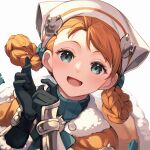  1girl :d annette_fantine_dominic annette_fantine_dominic_(winter) black_gloves braided_hair_rings commentary_request fire_emblem fire_emblem:_three_houses fire_emblem_heroes fur_trim gloves grey_eyes hands_up highres looking_at_viewer nakabayashi_zun official_alternate_costume official_alternate_hairstyle open_mouth orange_hair portrait short_hair simple_background smile solo turtleneck white_background white_headwear winter_clothes 