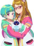  2girls akai_meganee bird blue_hair blunt_bangs brown_hair closed_mouth commentary_request eyeshadow facial_mark glasses green_eyeshadow green_hair green_jacket highres hug jacket long_hair looking_at_viewer makeup mittens multicolored_hair multiple_girls omega_auru omega_auru_(primagista) owl pink_jacket pretty_series red-framed_eyewear red_eyes robot short_hair simple_background smile streaked_hair tatejima_(pretty_series) tsujii_ruki upper_body waccha_primagi! white_background 