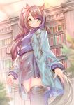  1girl animal_ears black_hair black_thighhighs blue_coat blue_sweater casual coat from_below green_eyes grey_skirt horse_ears horse_girl horse_tail long_hair looking_to_the_side satono_crown_(umamusume) side_ponytail skirt smile solo sweater tail thigh-highs umamusume usapenpen2019 zettai_ryouiki 