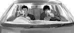  2boys car car_interior chopsticks cigarette closed_eyes collared_shirt eating food fushiguro_touji greyscale highres holding holding_chopsticks jj59u jujutsu_kaisen long_sleeves male_focus monochrome motor_vehicle multiple_boys necktie noodles scar scar_on_face scar_on_mouth shirt shiu_kong short_hair smoking suit upper_body 