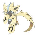  blue_eyes blush_stickers claws cropped_torso hand_on_own_face highres ovoip pokemon pokemon_(creature) simple_background smile spiky_hair twitter_username white_background yellow_fur zeraora 