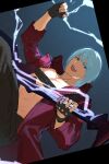  1boy @_43517 belt_bra bishounen blue_eyes coat dante_(devil_may_cry) devil_may_cry_(series) devil_may_cry_3 electric_guitar fingerless_gloves gloves guitar highres instrument jacket long_hair looking_at_viewer male_focus red_coat smile solo weapon white_hair 