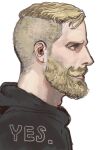  1boy beard black_hoodie blonde_hair blue_eyes facial_hair hood hoodie male_focus meme mossacannibalis original profile short_hair solo very_short_hair white_background yes_chad_(meme) 