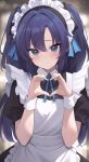  1girl alternate_costume apron blue_archive blue_bow blue_bowtie blurry blush bow bowtie commentary depth_of_field enmaided frilled_apron frills halo heart heart_hands highres long_hair looking_at_viewer maid maid_apron maid_headdress parted_bangs purple_hair short_sleeves sidelocks solo two_side_up violet_eyes white_apron wrist_cuffs yuuka_(blue_archive) zeatto 