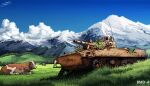  abandoned blue_sky bmd-4 clouds cow grass hans_(pixiv_37537768) highres landscape meadow military_vehicle motor_vehicle mountain mountainous_horizon no_humans original scenery signature sky wreckage 
