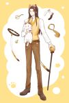  1boy animal belt brown_dust_2 cane cat cat_ear_hairband cat_tail full_body highres holding holding_animal holding_cane holding_cat liluo long_hair looking_at_viewer monocle necktie olstein_(brown_dust) paw_print suit tail vest 