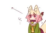  1girl animal_ears arrow_(symbol) bell blonde_hair blush brown_collar collar commentary_request dotted_line fox_ears fox_girl fox_tail green_shirt hair_between_eyes hair_bun hair_ornament jingle_bell kemomimi-chan_(naga_u) naga_u neck_bell necktie orange_necktie original pleated_skirt purple_skirt shirt simple_background skirt solo tail translation_request violet_eyes white_background 