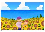  2boys ahoge artist_name black_eyes blue_pants blue_sky blush_stickers boku_(boku_no_natsuyasumi) boku_no_natsuyasumi border brown_hair child clouds cloudy_sky commentary_request cumulonimbus_cloud field flower flower_field hand_on_own_hip height_difference horizon jack-o&#039;_ran-tan jitome kitamura_(ktmrdayo0330) looking_at_viewer male_focus multiple_boys napoli_no_otokotachi open_mouth outdoors pants shirt short_hair short_sleeves side-by-side sky smile solid_oval_eyes standing striped striped_shirt summer sunflower sunflower_field t-shirt v white_border yellow_shirt 