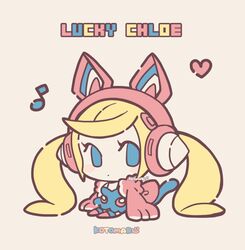  1girl blonde_hair blue_dress blue_eyes blue_footwear cat_tail character_name chibi dot_mouth dress gloves headphones heart kotorai long_hair lucky_chloe musical_note no_nose pink_footwear pink_gloves signature solo tail tekken 