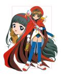  2girls absurdres bow brown_hair cape card cardcaptor_sakura child clow_card daidouji_tomoyo gloves green_eyes hairband highres holding holding_wand kero kinomoto_sakura legs multiple_girls official_art open_mouth red_bow red_cape red_hairband red_headwear short_hair simple_background wand white_background white_footwear white_gloves 
