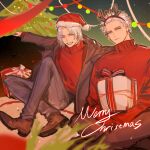  2boys ana75739825 blue_eyes christmas christmas_tree dante_(devil_may_cry) devil_may_cry_(series) devil_may_cry_5 gift hat highres long_hair looking_at_viewer male_focus merry_christmas multiple_boys red_sweater santa_hat siblings smile sweater turtleneck turtleneck_sweater twins vergil_(devil_may_cry) white_hair 