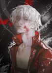  1boy adrien02sss belt_bra bishounen blood blood_on_face blue_eyes coat dante_(devil_may_cry) devil_may_cry_(series) devil_may_cry_3 highres jacket long_hair looking_at_viewer male_focus pale_skin red_coat solo white_hair 