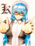  1girl alternate_costume apron blue_hair bow bowtie breasts closed_mouth enmaided glasses graphite_(medium) hime_cut kula_diamond long_hair maid maid_apron maid_headdress outstretched_arms outstretched_hand reaching reaching_towards_viewer red-framed_eyewear red_eyes smile solo tagatamest the_king_of_fighters traditional_media unconventional_maid white_bow white_bowtie 