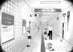  1boy 4shi 6+girls arms_at_sides arrow_(symbol) ceiling_light clone collared_shirt copyright_name dango-chan_(4shi) disembodied_head door double_bun exit_sign from_side giant giantess greyscale hair_bun hallway hand_on_another&#039;s_arm hand_on_floor hand_on_own_cheek hand_on_own_chin hand_on_own_face hand_up highres holding hollow_eyes hollow_mouth horror_(theme) kneehighs liquid long_arms long_neck long_sleeves looking_at_another looking_to_the_side looking_up monochrome multiple_girls nervous on_wall open_mouth opening_door original pants peeking_out perspective pleated_skirt poster_(object) sailor_collar school_uniform serafuku shirt shoes short_hair sidelocks sign skirt socks standing sweat tactile_paving the_exit_8 through_ground tile_floor tile_wall tiles v-shaped_eyebrows vent_(object) walking 