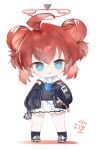  1girl :d ahoge black_jacket black_socks black_sweater blue_archive blue_eyes chibi collared_shirt colored_shadow commentary_request double_bun full_body hair_between_eyes hair_bun halo holding jacket kotatu_(akaki01aoki00) long_sleeves looking_at_viewer maki_(blue_archive) open_clothes open_jacket pleated_skirt puffy_long_sleeves puffy_sleeves redhead shadow shirt shoes simple_background skirt sleeves_past_wrists smile socks solo spray_can standing sweater two_side_up white_background white_footwear white_shirt white_skirt 