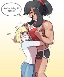  abs aged_up alternate_muscle_size black_hair blonde_hair highres juno_son lillie_(pokemon) muscular muscular_female pokemon selene_(pokemon) thick_thighs thighs yuri 