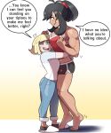  abs aged_up alternate_muscle_size black_hair blonde_hair highres juno_son lillie_(pokemon) muscular muscular_female pokemon selene_(pokemon) thick_thighs thighs yuri 