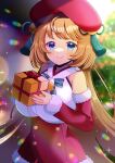  1girl bare_shoulders bell beret blue_eyes blurry blurry_background blush bow box breasts brown_hair closed_mouth commentary_request commission copyright_request depth_of_field detached_sleeves fur-trimmed_skirt fur-trimmed_sleeves fur_trim gift gift_box green_bow hat holding holding_gift kou_hiyoyo large_breasts long_hair long_sleeves looking_at_viewer red_headwear red_skirt red_sleeves skeb_commission skirt sleeves_past_wrists smile solo very_long_hair 