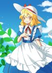  1girl apron back_bow blonde_hair blue_dress blue_sky blush_stickers bow clouds collared_shirt commentary day dress feet_out_of_frame frilled_apron frills hand_on_own_chest hat hat_bow highres kaigen_1025 kana_anaberal looking_ahead medium_dress medium_hair neckerchief open_mouth outdoors plant puffy_short_sleeves puffy_sleeves red_bow red_neckerchief ribbon shirt short_sleeves sky sleeve_ribbon smile solo sun_hat touhou touhou_(pc-98) white_apron white_bow white_headwear white_ribbon white_shirt wide_brim yellow_eyes 