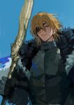  1boy absurdres areadbhar_(fire_emblem) armor blonde_hair blue_background blue_eyes breastplate cape closed_mouth cowboy_shot dimitri_alexandre_blaiddyd eyepatch fire_emblem fire_emblem:_three_houses fur_cape gauntlets highres holding holding_polearm holding_weapon looking_at_viewer male_focus medium_hair one_eye_covered osaki_iyo polearm simple_background solo weapon 