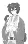  1boy blush collared_shirt cup disposable_cup greyscale highres holding holding_cup limbus_company long_sleeves looking_at_viewer male_focus monochrome necktie parted_lips project_moon shirt simple_background solo uchimura_(rino0525) upper_body vest wide_sleeves yi_sang_(project_moon) 