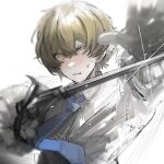  1boy blonde_hair blue_necktie fencing gloves holding holding_sword holding_weapon limbus_company long_sleeves looking_at_viewer necktie project_moon rapier s661479361148 shirt sinclair_(project_moon) solo sparkle sword weapon white_background white_gloves white_shirt yellow_eyes 