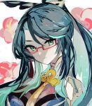  1girl blue_hair breasts closed_mouth cloud_retainer_(genshin_impact) flower genshin_impact glasses green_eyes green_hair hair_between_eyes highres long_hair looking_at_viewer loomyoi2 multicolored_hair pink_flower semi-rimless_eyewear simple_background sketch solo tassel teeth upper_body upper_teeth_only white_background xianyun_(genshin_impact) 