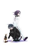  2boys ahoge black_footwear black_hair black_jacket black_pants cat danganronpa_(series) danganronpa_v3:_killing_harmony grin hair_between_eyes highres jacket leaning_on_person long_sleeves male_focus multiple_boys nk_ndr_bu oma_kokichi pants purple_footwear purple_hair saihara_shuichi simple_background sitting smile squatting teeth violet_eyes white_background white_jacket white_pants 