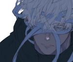  1boy bandage_over_one_eye black_jacket blue_eyes closed_mouth gojou_satoru jacket jujutsu_kaisen male_focus mone_(anemos) short_hair simple_background sketch solo upper_body white_background white_hair 