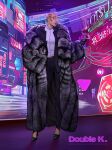  1girl absurdres asian bald bald_girl business_suit coat cyberpunk fur_coat fur_collar highres long_coat non-web_source suit 