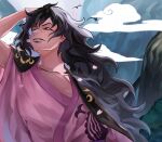  1boy absurdres black_eyes black_hair clouds commentary_request faux_traditional_media hand_in_own_hair highres japanese_clothes kimono long_hair male_focus momonosuke_(one_piece) one_piece solo teeth ttt-oo552 wavy_hair 